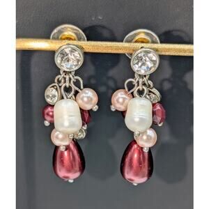 Maroon Pink White Faux Pearl Rhinestone Cluster Dangle Earrings
